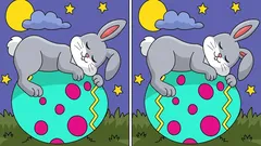 パズル：イースターエッグの上で眠るウサギの絵で、9秒以内に3つの違いを見つけよう